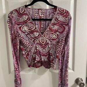 Free People Paisley Wild and Free Deep V Long Sleeve Shirt